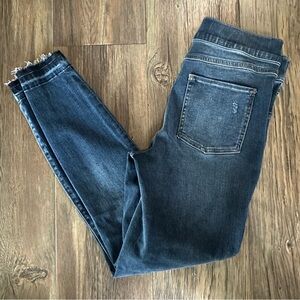 SPANX women's M dark blue denim stretch jeans distressed raw hem Pull-on